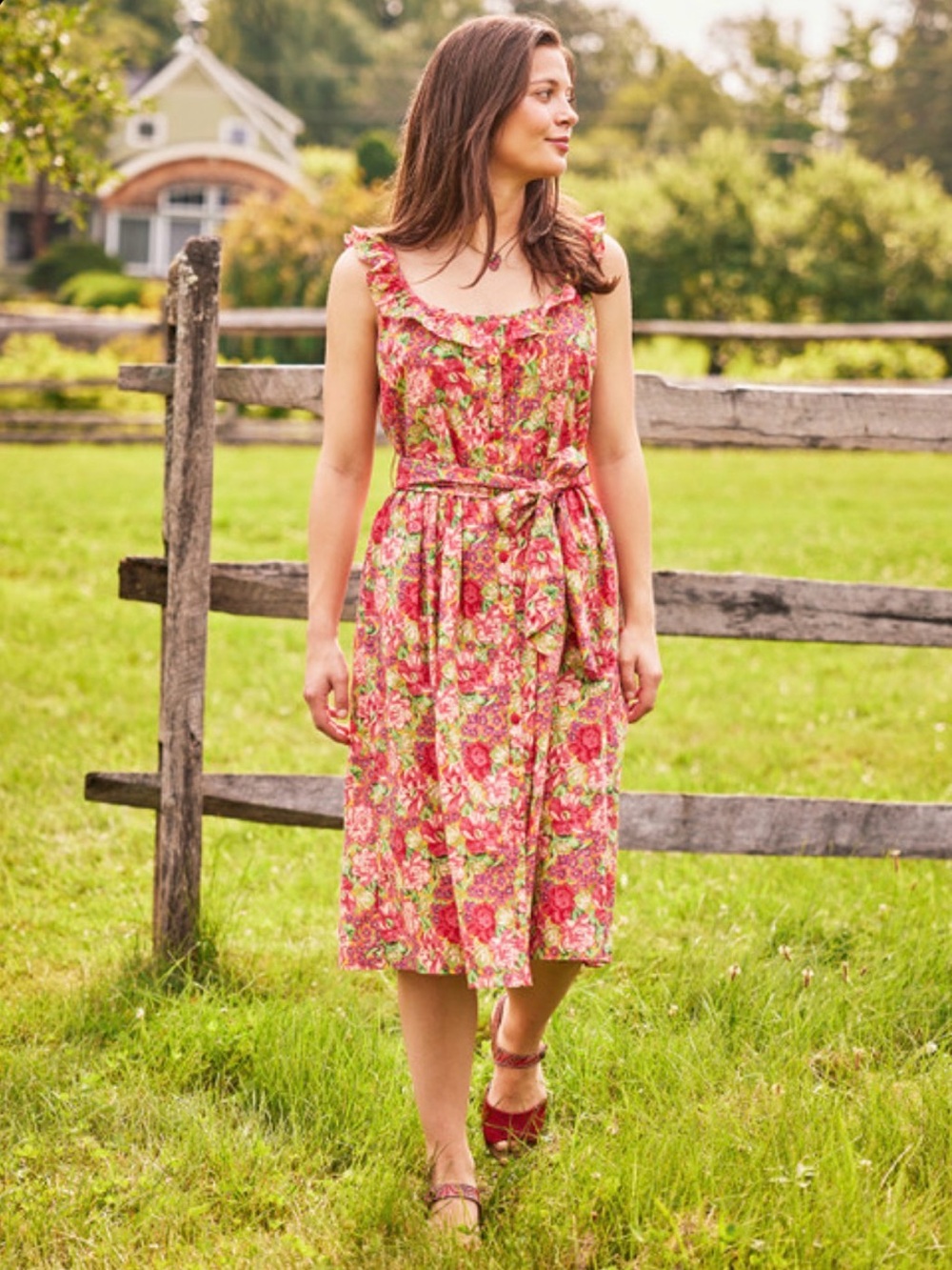 April Cornell Cotton Floral Button-Front Sundress with Ruffle Straps